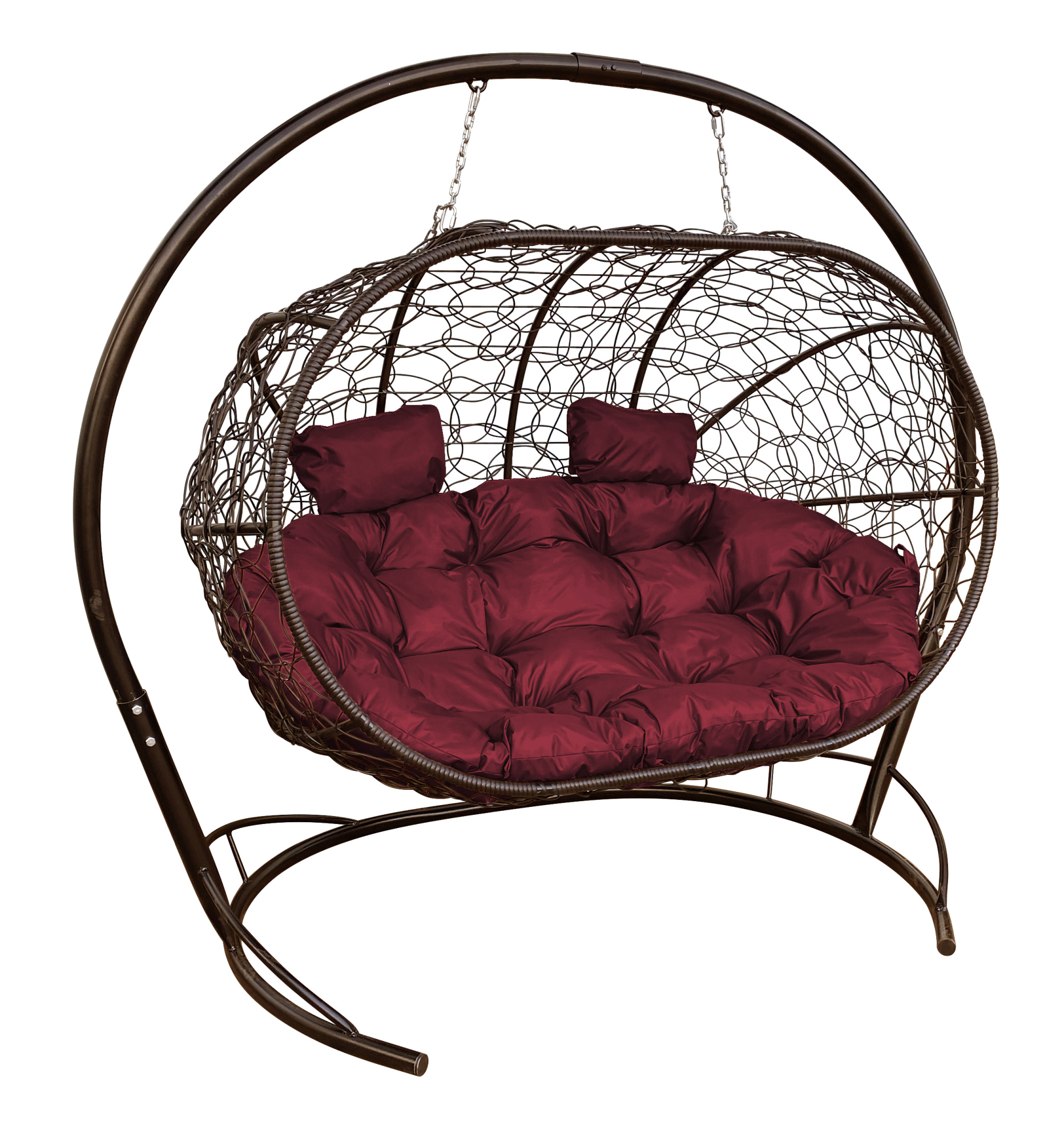 Подвесной диван ЛЕЖЕБОКА с ротангом коричневый, бордовая подушка