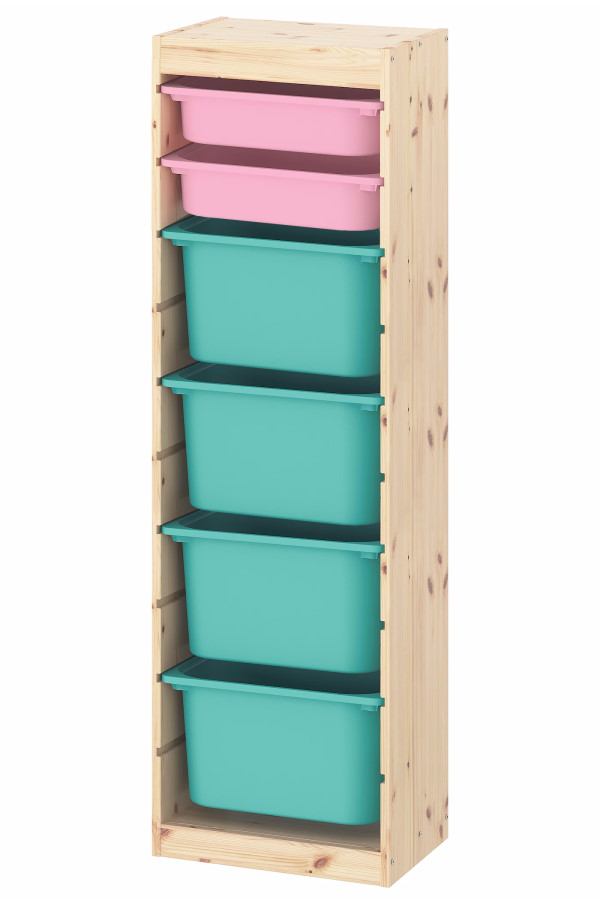 Стеллаж вертикальный 440х300х1420 ТРУФАСТ сосна,контейнеры:розовый (2С)/бирюз.(4Б) Profi&Hobby