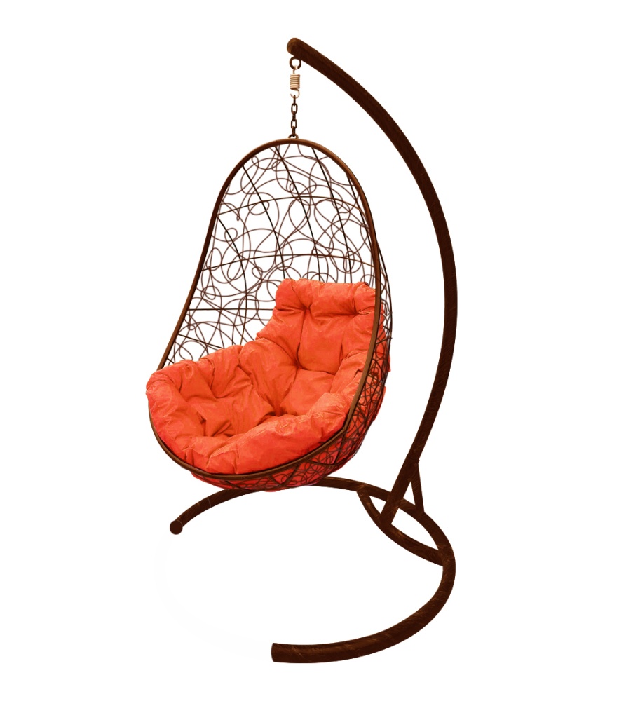Подвесное кресло ОВАЛ с ротангом коричневое, бежевая подушка